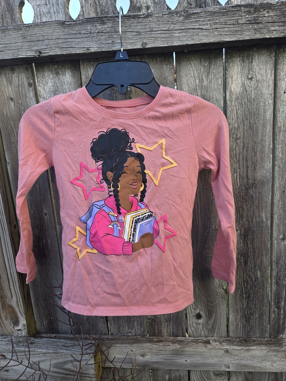 Childrens Place Pink Long-Sleeve Tee with Girl Graphic and Stars